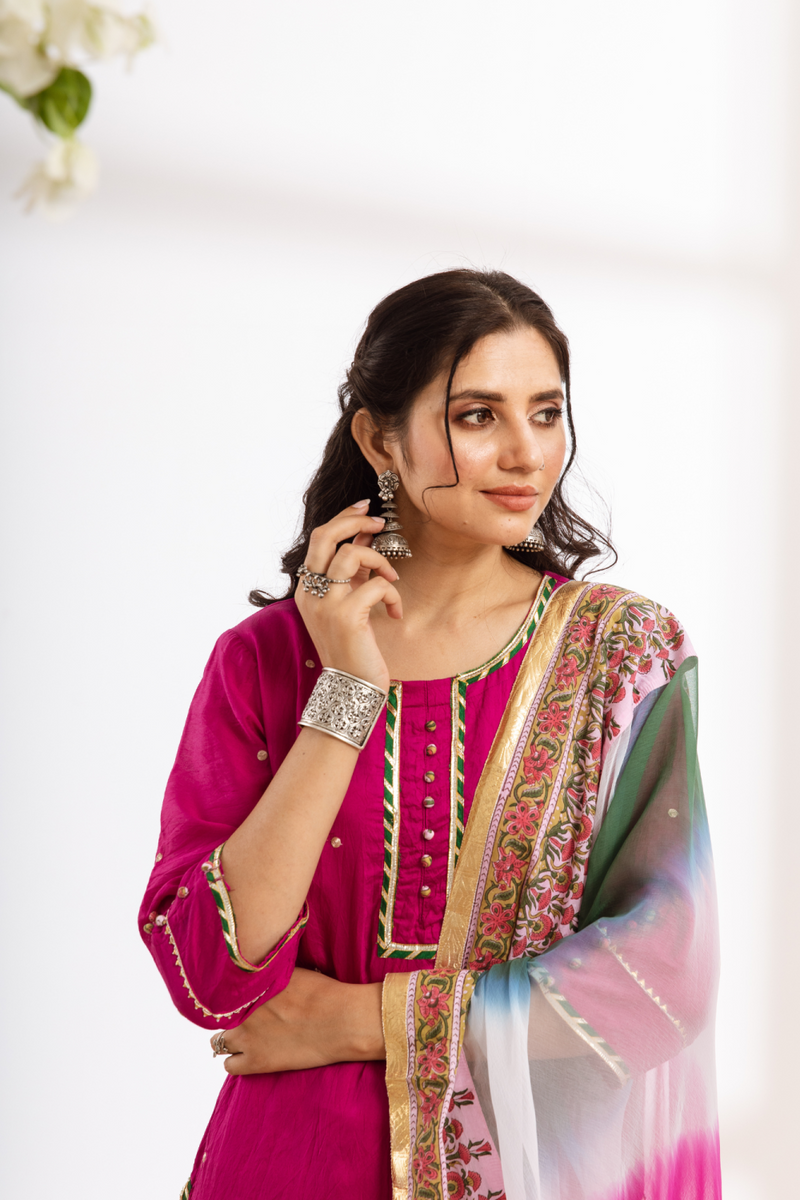 Rasika Gulabi Kurta Set - pink hand block printed chanderi kurta set chanderi by Maison Shefali in pink color for women Worldwide