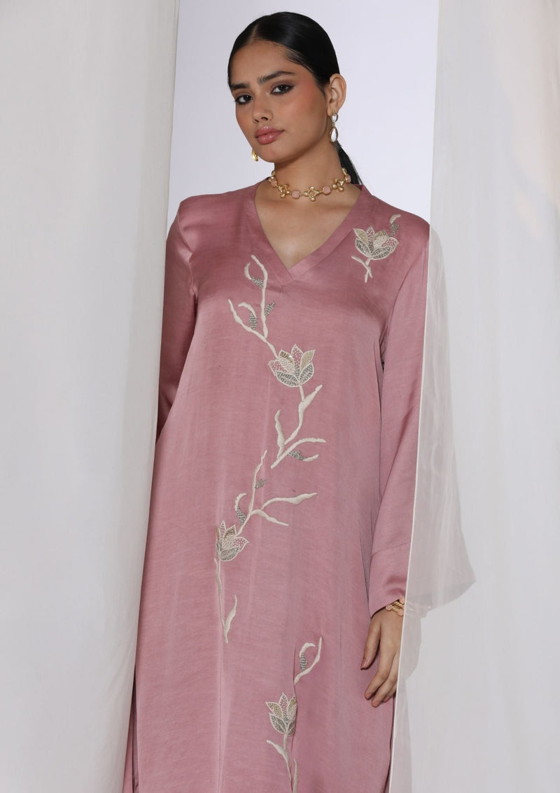Linen satin kurta with floral handwork embroidery satin by Myoho in pink color for women Worldwide