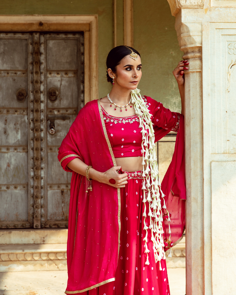 Fuchsia & White Bandhej Print Lehenga Set satin by Maison Shefali in multi color for women Worldwide