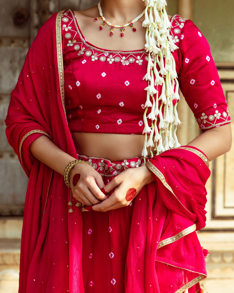 Fuchsia & White Bandhej Print Lehenga Set satin by Maison Shefali in multi color for women Worldwide