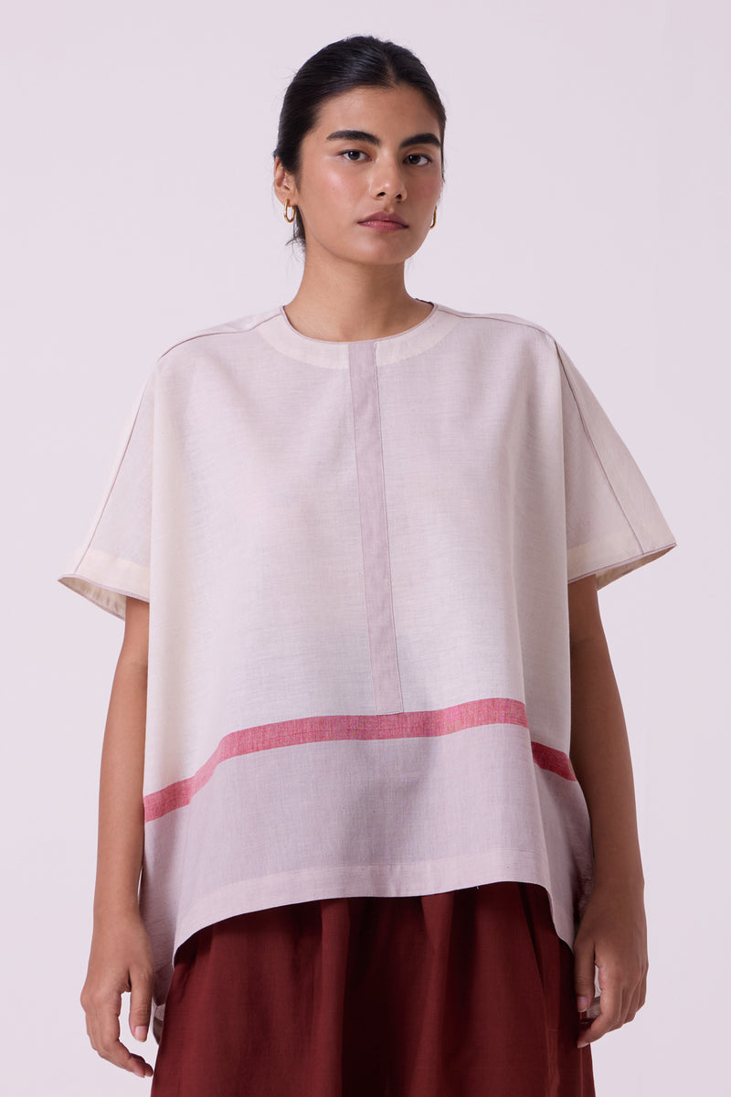 Kaze Ecru Colourblocked Handwoven Tent Top handwoven cotton top/shirt by The Summer House in off white for women Worldwide