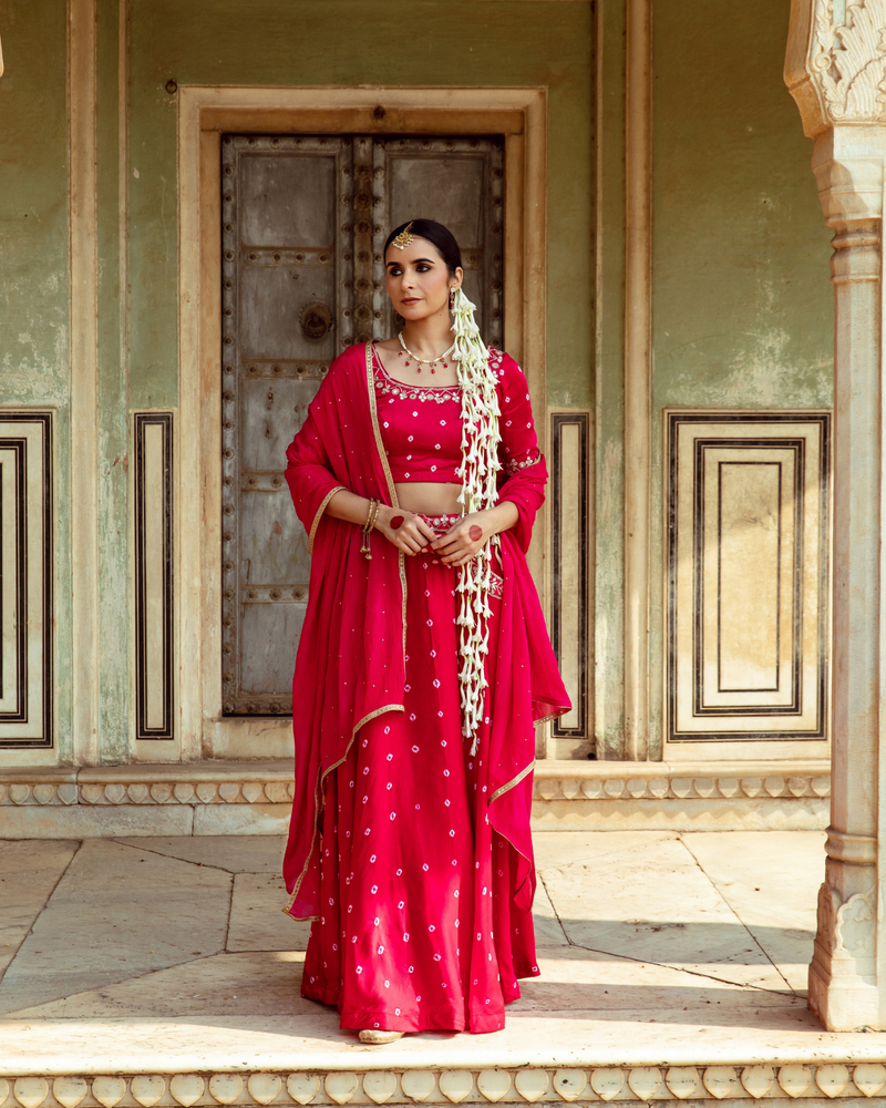 Fuchsia & White Bandhej Print Lehenga Set satin by Maison Shefali in multi color for women Worldwide