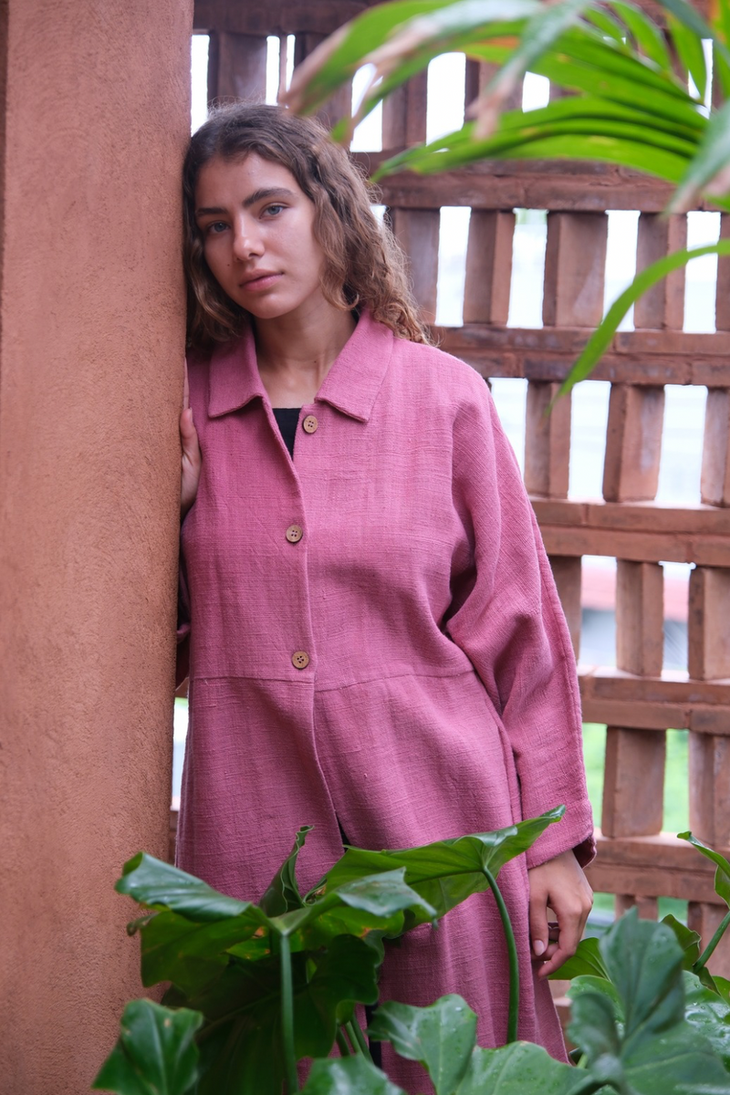 Fiery Pink Duster Jacket cotton by World of Crow in pink color for women Worldwide