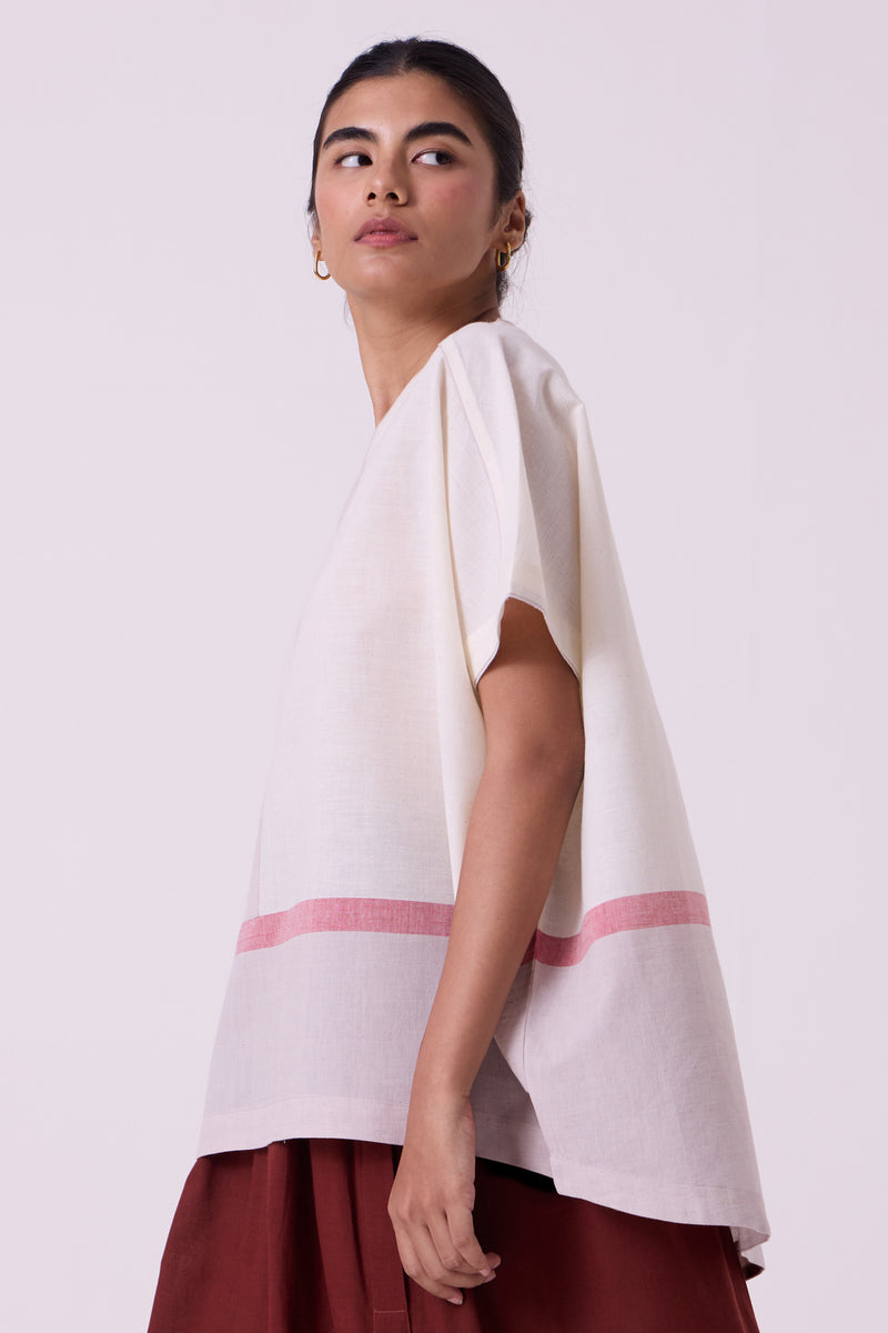 Kaze Ecru Colourblocked Handwoven Tent Top handwoven cotton top/shirt by The Summer House in off white for women Worldwide