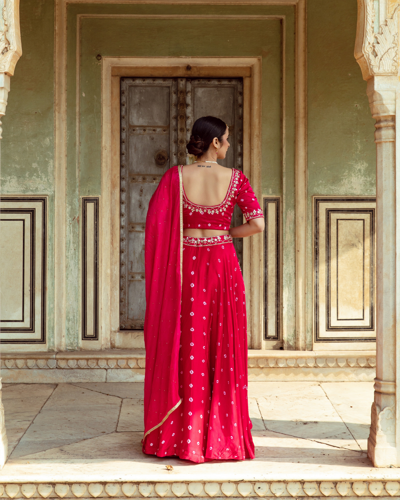 Fuchsia & White Bandhej Print Lehenga Set satin by Maison Shefali in multi color for women Worldwide