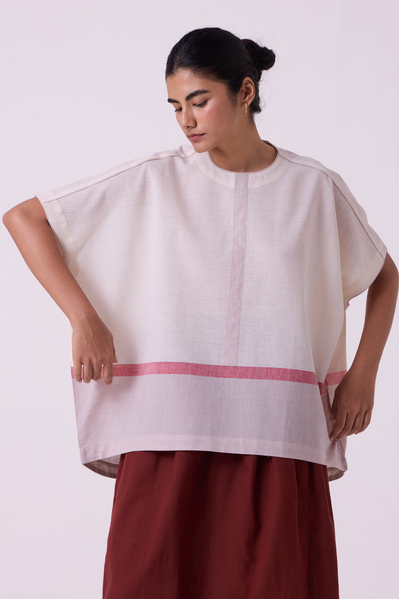 Kaze Ecru Colourblocked Handwoven Tent Top handwoven cotton top/shirt by The Summer House in off white for women Worldwide