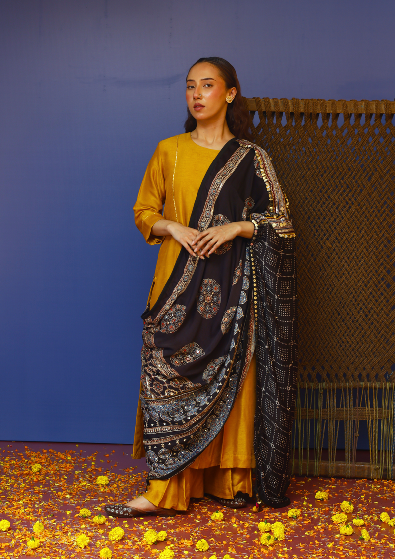 Aaram Kurta Set with Ajrakh Drape silk by PRAHNAAYA in yellow color for women Worldwide