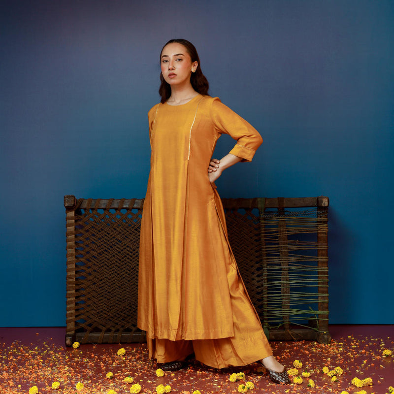 Aaram Kurta Set with Ajrakh Drape silk by PRAHNAAYA in yellow color for women Worldwide
