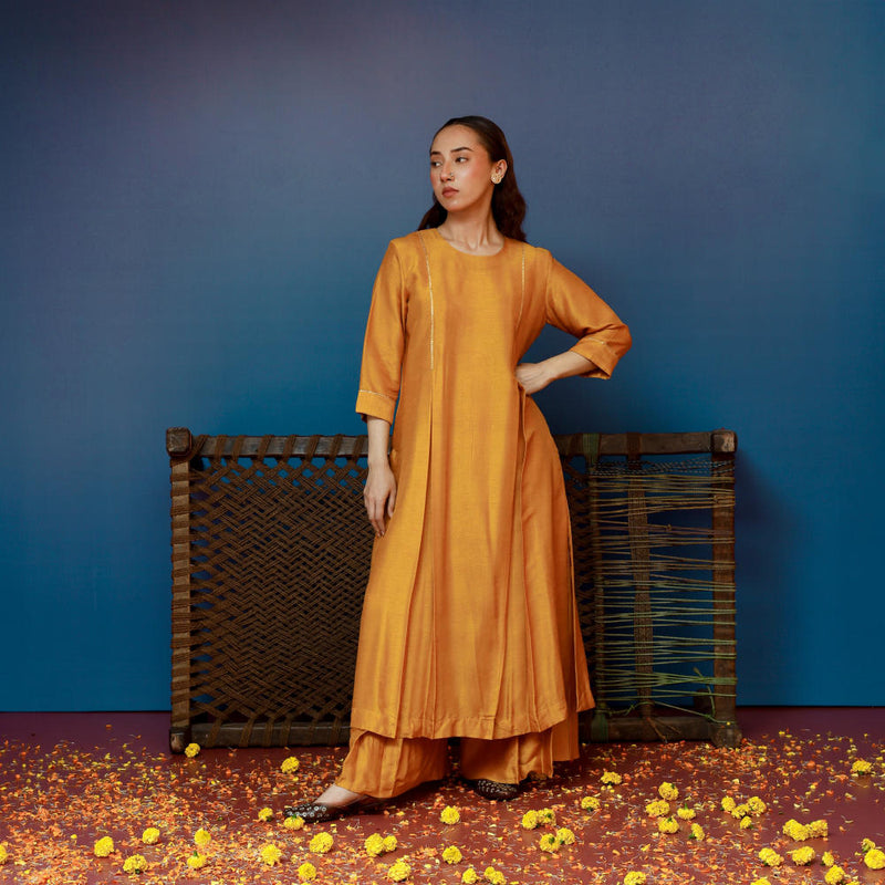Aaram Kurta Set with Ajrakh Drape silk by PRAHNAAYA in yellow color for women Worldwide