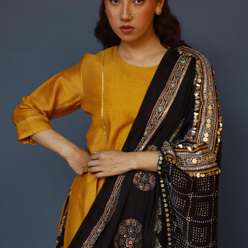 Aaram Kurta Set with Ajrakh Drape silk by PRAHNAAYA in yellow color for women Worldwide