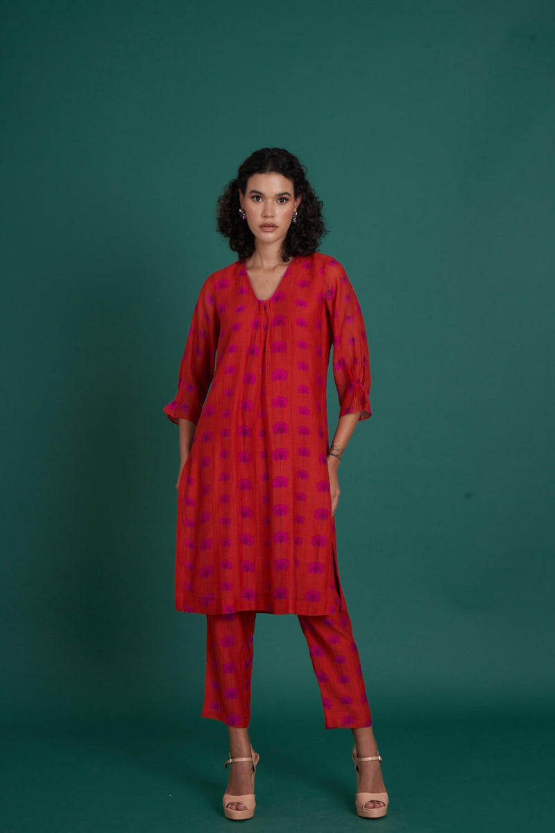 Juana mul cotton silk kurta set silk by Priti Prashant in red color for women Worldwide