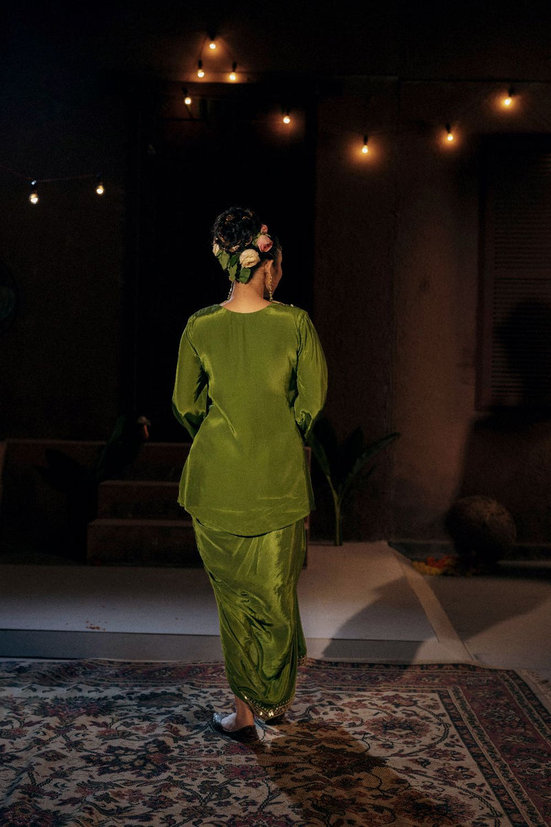 Sunira Tunic Jacket with Pleated Skirt- Mehendi silk by PRAHNAAYA for women Worldwide