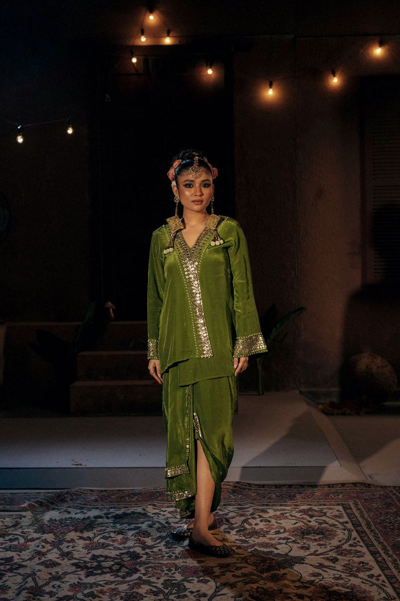 Sunira Tunic Jacket with Pleated Skirt- Mehendi silk by PRAHNAAYA for women Worldwide