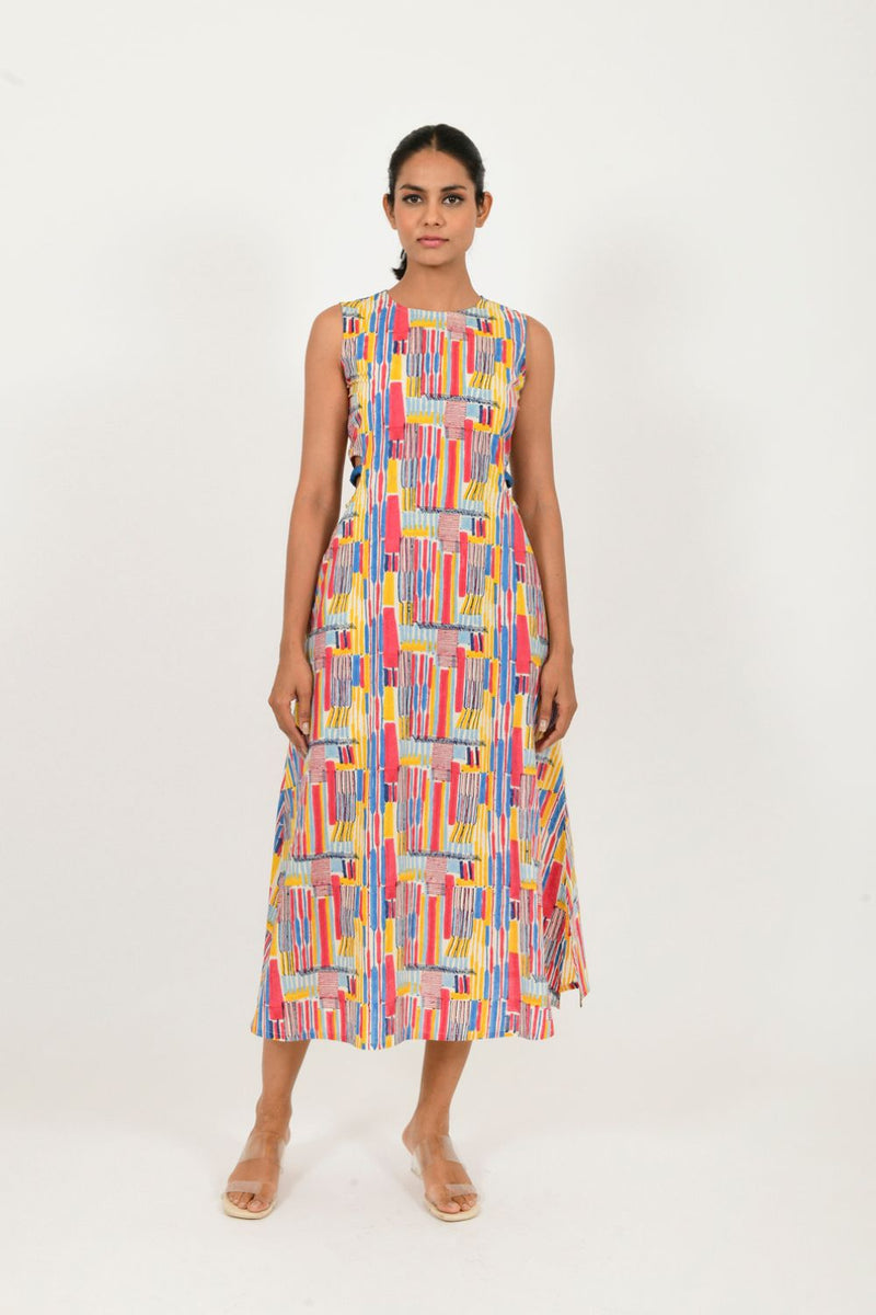 SCRIBBLE SIDE CUT DRESS cotton Dresses,Short and Midi Dresses by Rias in multi color for women Worldwide