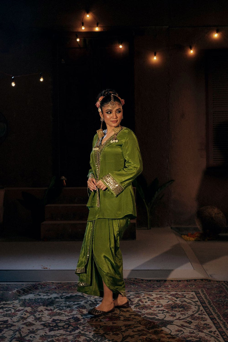 Sunira Tunic Jacket with Pleated Skirt- Mehendi silk by PRAHNAAYA for women Worldwide
