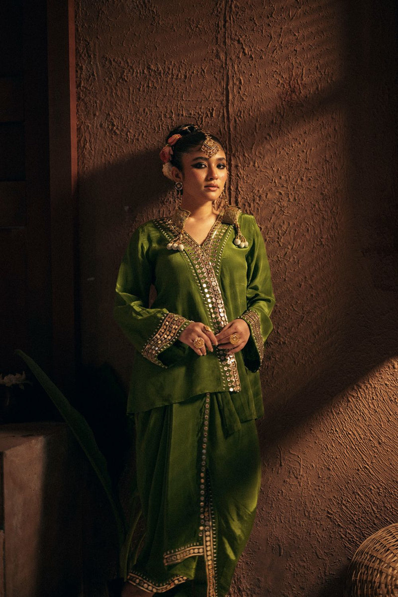 Sunira Tunic Jacket with Pleated Skirt- Mehendi silk by PRAHNAAYA for women Worldwide