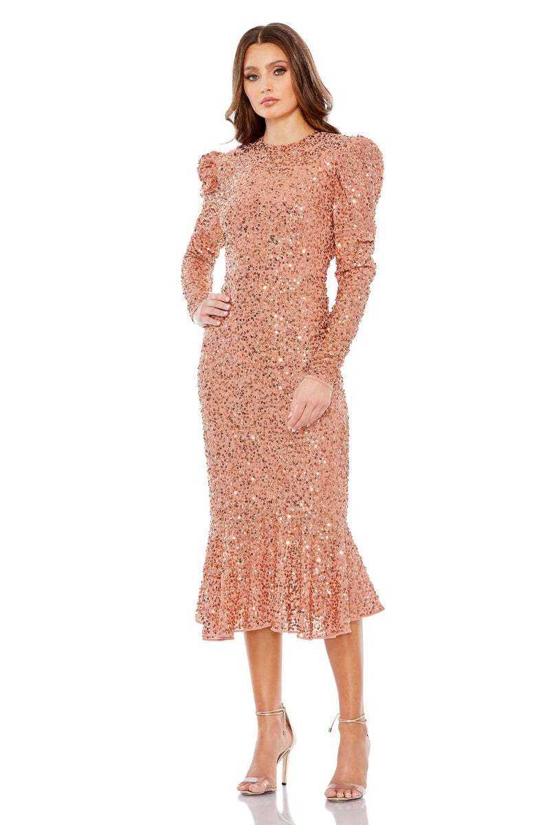 10865-SEQUINED LONG SLEEVE HIGH NECK TRUMPET DRESS by Mac Duggal for women Worldwide