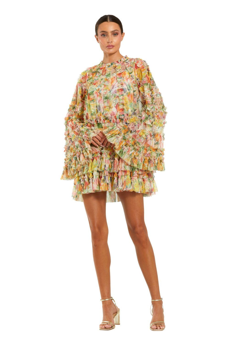 8300-Printed Mesh Ruffle High Neck Mini Dress by Mac Duggal for women Worldwide