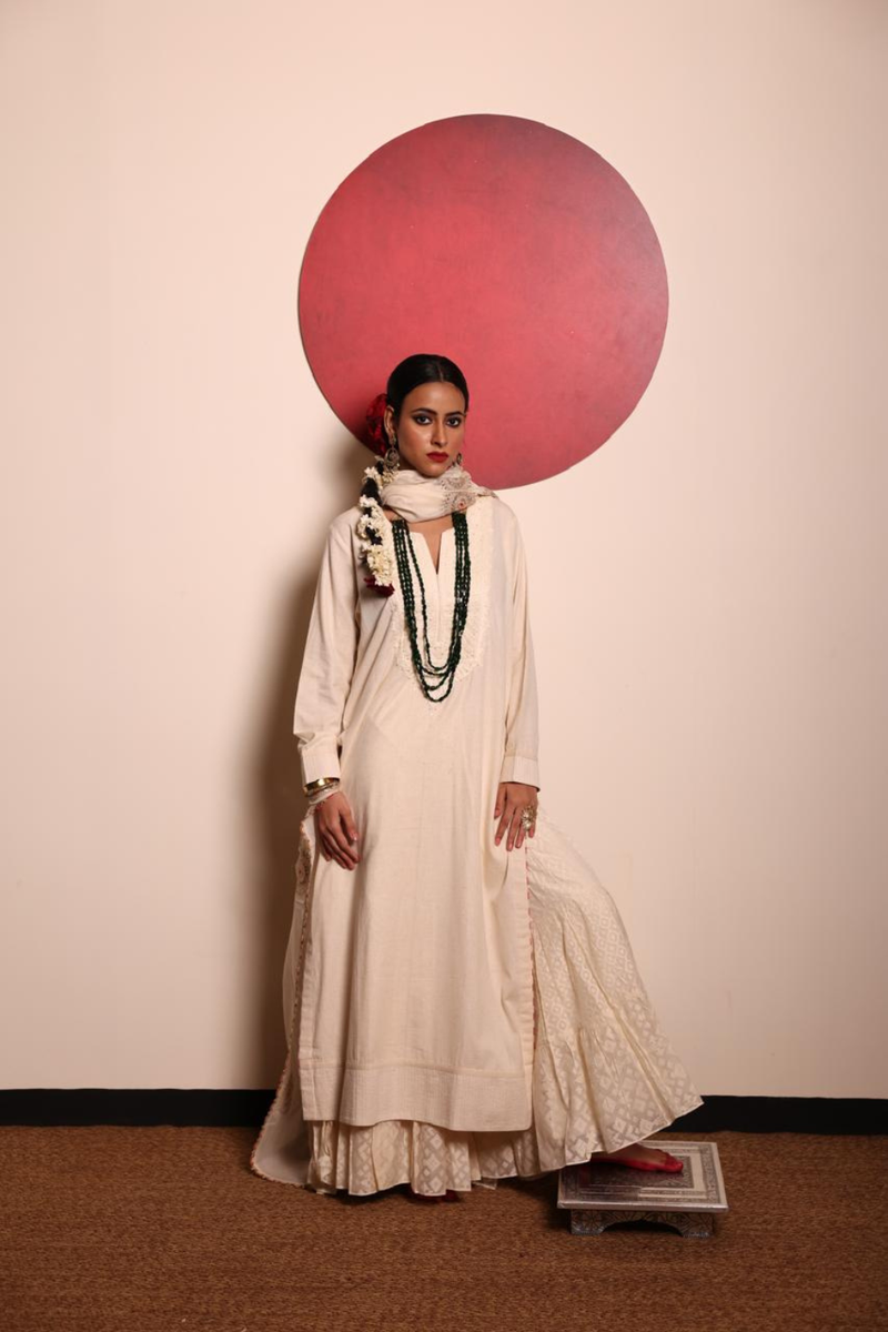 Off-White Organic Lucknowi work Kurta & Gharara Set cotton by Sabo by Sabina for women Worldwide