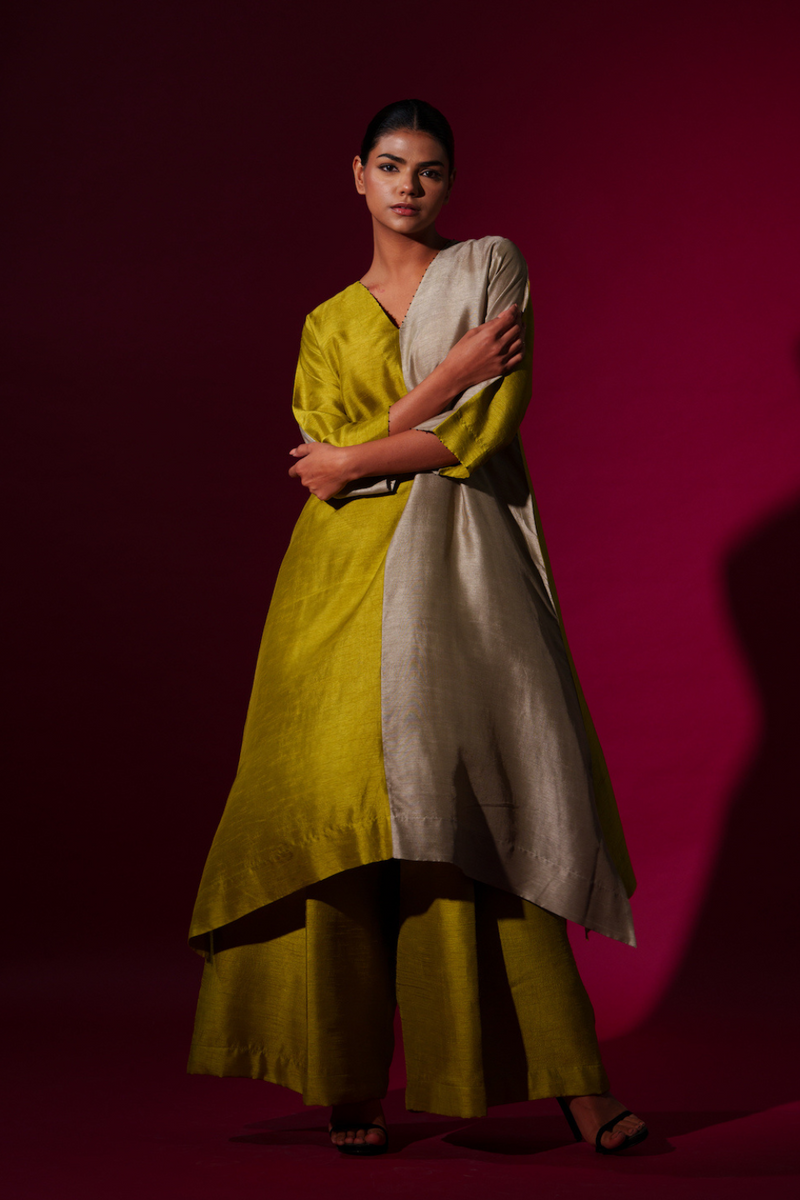 Onyx Tunic-Leaf green + Grey mysore silk kaftans and tunics by Stoique in leaf green, grey for women Worldwide