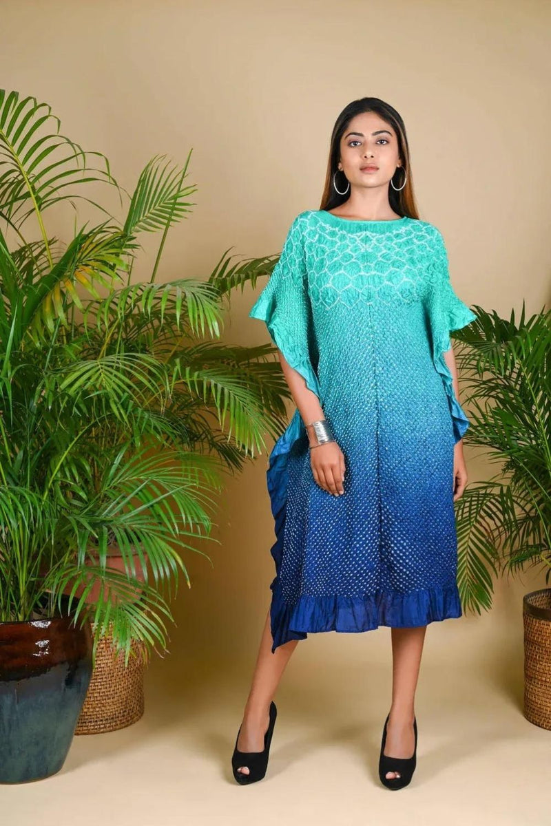 SUNFLOWER KAFTAN-AQUA GREEN TO INDIGO SHADED silk by Dyelogue in multi color for women Worldwide