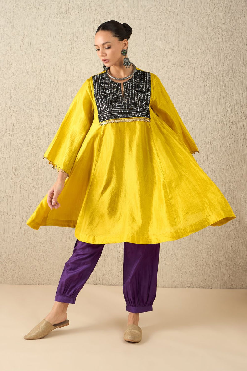 AFGHANI SILK SET - Yellow upper, Purple pants silk by Aavidi in yellow color for women Worldwide