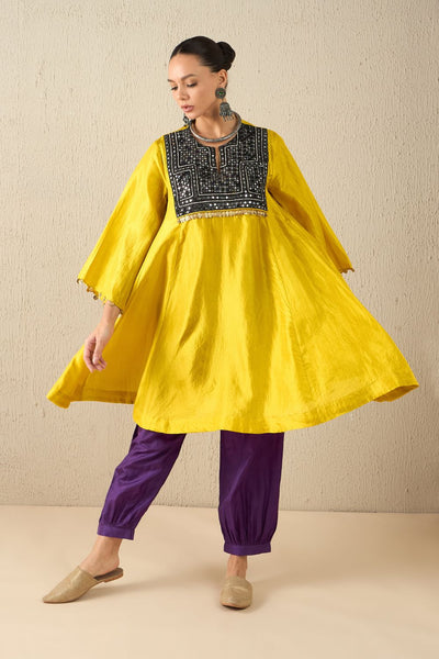 AFGHANI SILK SET - Yellow upper, Purple pants