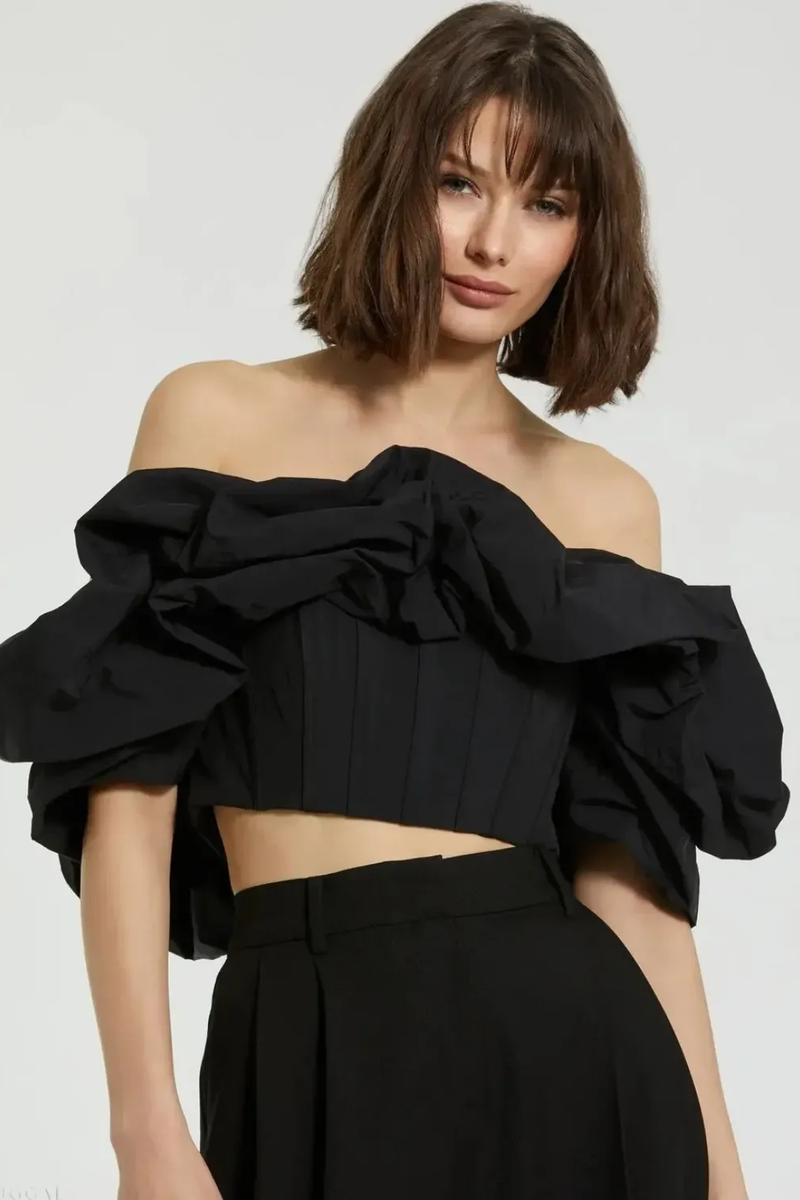 Black Faille Off The Shoulder Bustier Ruffle Top by Mac Duggal in black color for women Worldwide