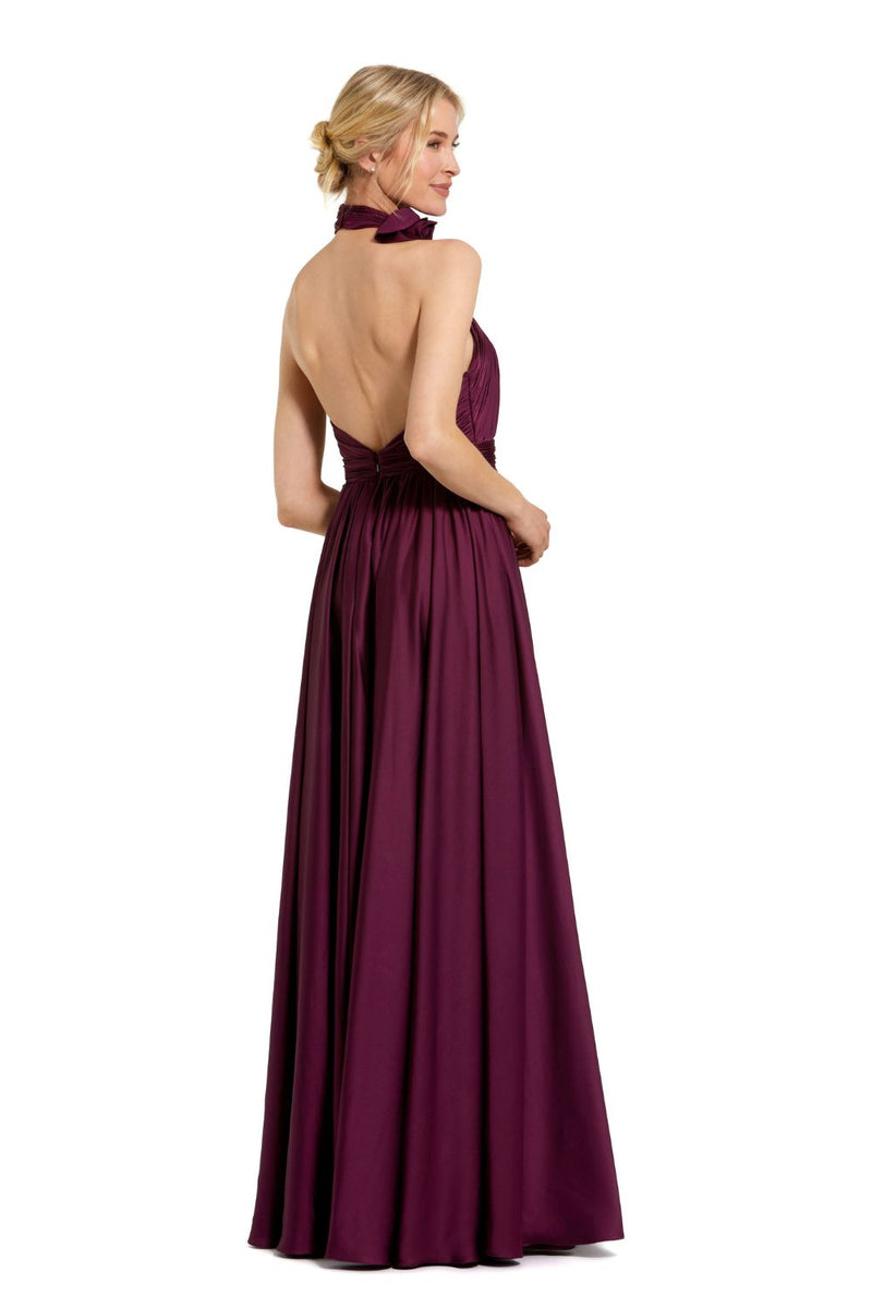 49333-Soft Tie Halter Neck High Slit Gown satin by Mac Duggal in red color for women Worldwide