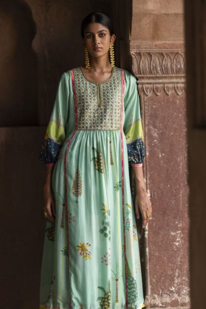 Nadira Powder Blue Front Puckering Kurta Set silk by Rajiramniq in green color for women Worldwide