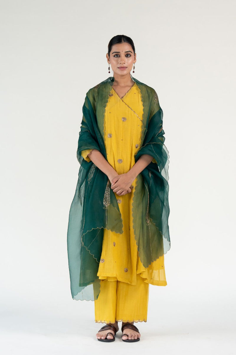 Yellow Angarkha Set
with Shama Odhani-Mustard & Emerald chanderi by Nirjara in yellow color for women Worldwide