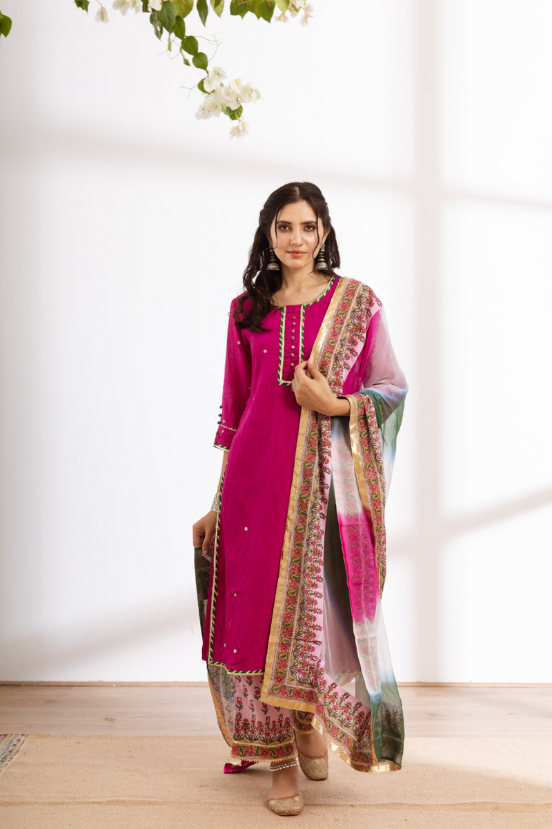 Rasika Gulabi Kurta Set - pink hand block printed chanderi kurta set chanderi by Maison Shefali in pink color for women Worldwide
