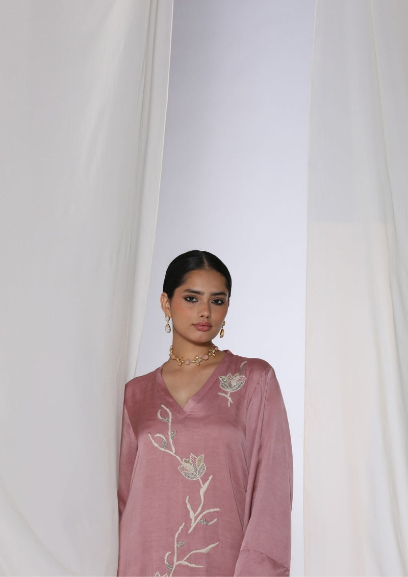 Linen satin kurta with floral handwork embroidery satin by Myoho in pink color for women Worldwide