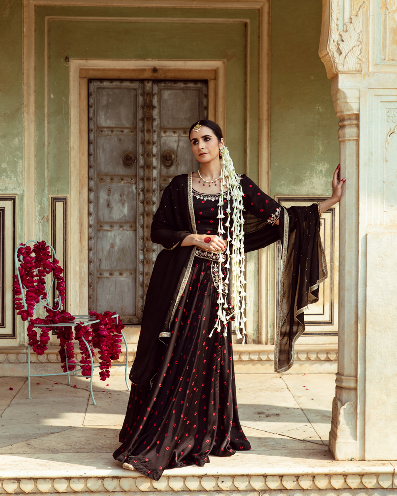 Black & Red Bandhej Print Lehenga Set satin by Maison Shefali in multi color for women Worldwide