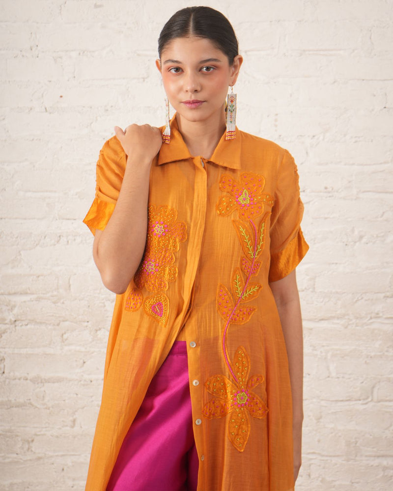 Rust Silk Chanderi Overlay with Embroidered Florals chanderi by Myoho for women Worldwide