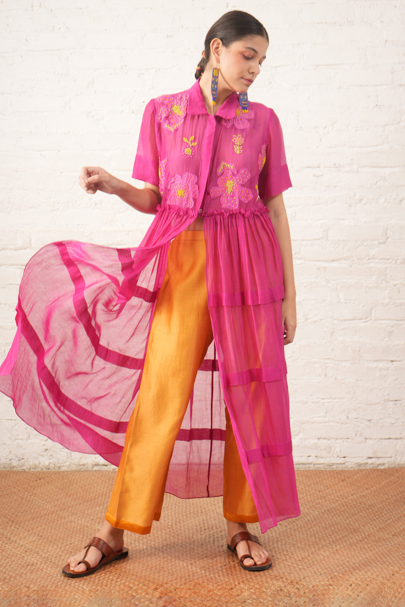 Wildflower Aplplique Jacket Set chanderi by Myoho for women Worldwide