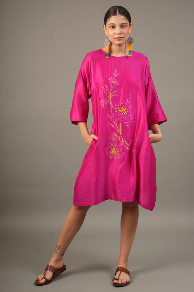 Fuchsia Silk Chanderi Dress with Bead‑Embroidered Florals chanderi by Myoho for women Worldwide