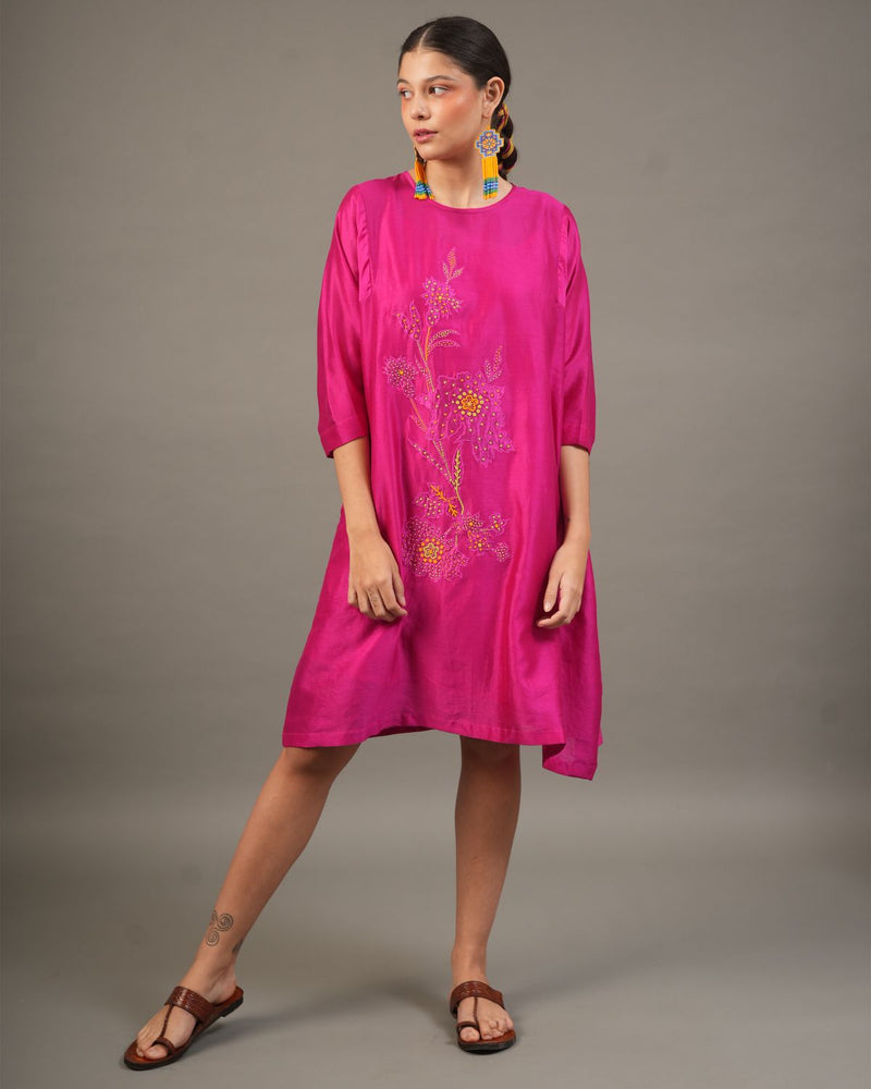 Fuchsia Silk Chanderi Dress with Bead‑Embroidered Florals chanderi by Myoho for women Worldwide