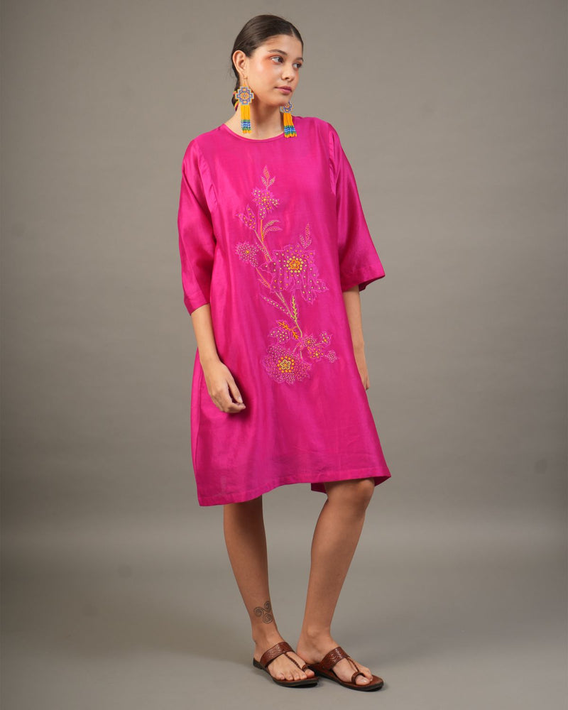 Fuchsia Silk Chanderi Dress with Bead‑Embroidered Florals chanderi by Myoho for women Worldwide