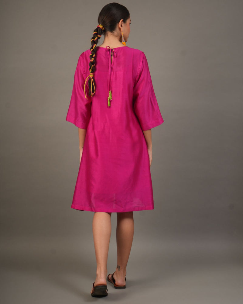 Fuchsia Silk Chanderi Dress with Bead‑Embroidered Florals chanderi by Myoho for women Worldwide