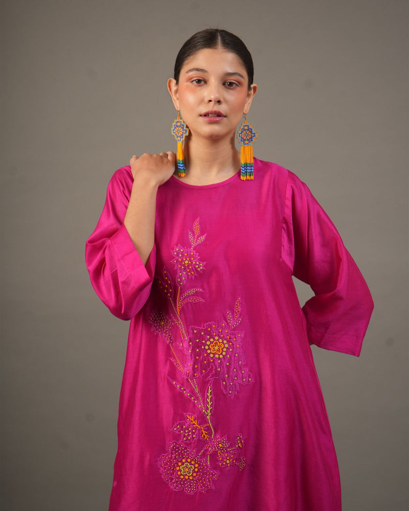 Fuchsia Silk Chanderi Dress with Bead‑Embroidered Florals chanderi by Myoho for women Worldwide