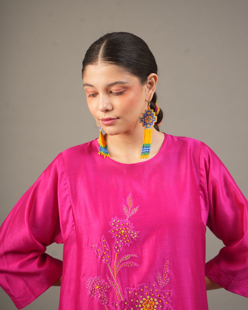 Fuchsia Silk Chanderi Dress with Bead‑Embroidered Florals chanderi by Myoho for women Worldwide