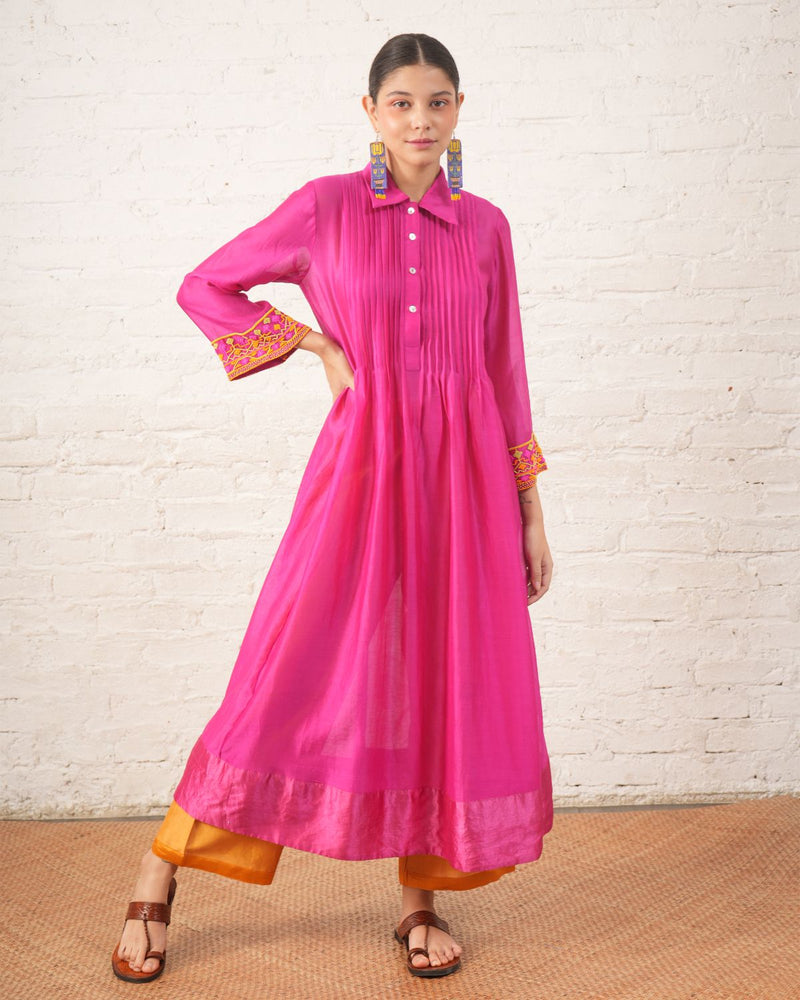 Fuschia Pintuck Chanderi Kurta chanderi by Myoho for women Worldwide