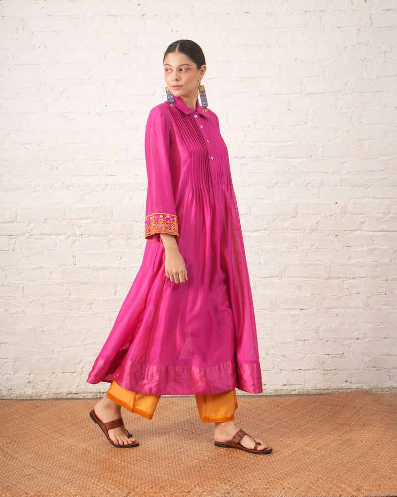 Fuschia Pintuck Chanderi Kurta chanderi by Myoho for women Worldwide