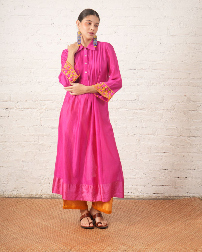 Fuschia Pintuck Chanderi Kurta chanderi by Myoho for women Worldwide