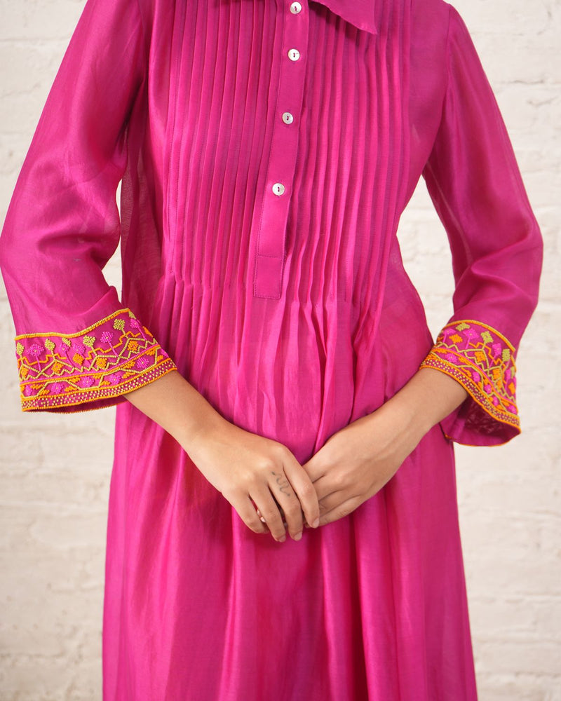 Fuschia Pintuck Chanderi Kurta chanderi by Myoho for women Worldwide