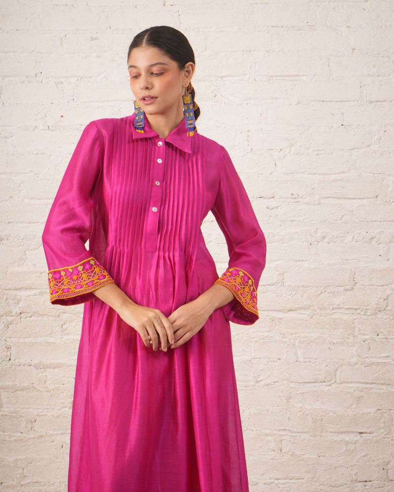 Fuschia Pintuck Chanderi Kurta chanderi by Myoho for women Worldwide