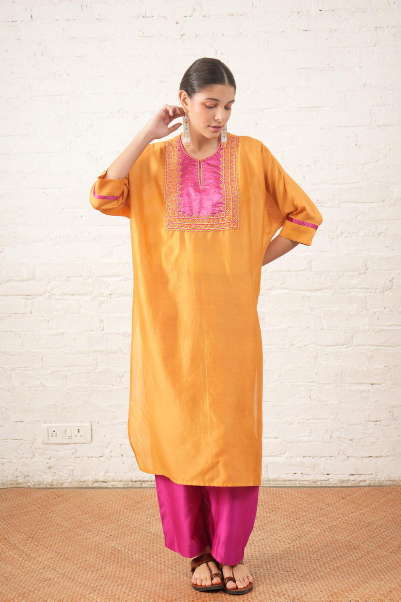 Rust Silk Chanderi Kurta with Pink Bead Embroidered Yoke chanderi by Myoho for women Worldwide