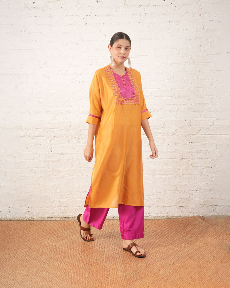 Rust Silk Chanderi Kurta with Pink Bead Embroidered Yoke chanderi by Myoho for women Worldwide