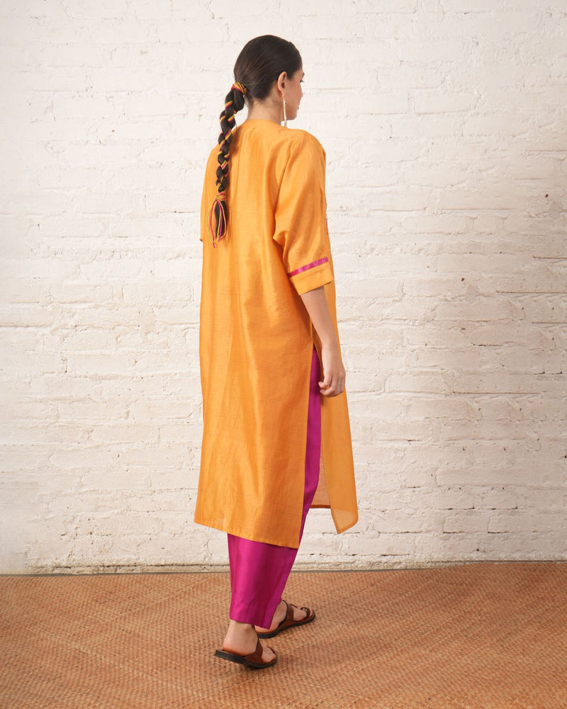 Rust Silk Chanderi Kurta with Pink Bead Embroidered Yoke chanderi by Myoho for women Worldwide